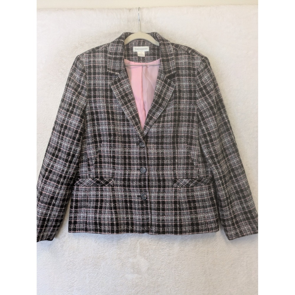 Worthington Blazer Women's 14 Grey Pink Plaid Tweed 3-Button Career Professional